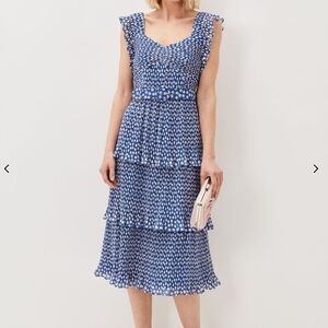 Phase Eight Lisha Spot Pleated Tiered Midi Dress Polka Dot Pleated Blue‎ 12